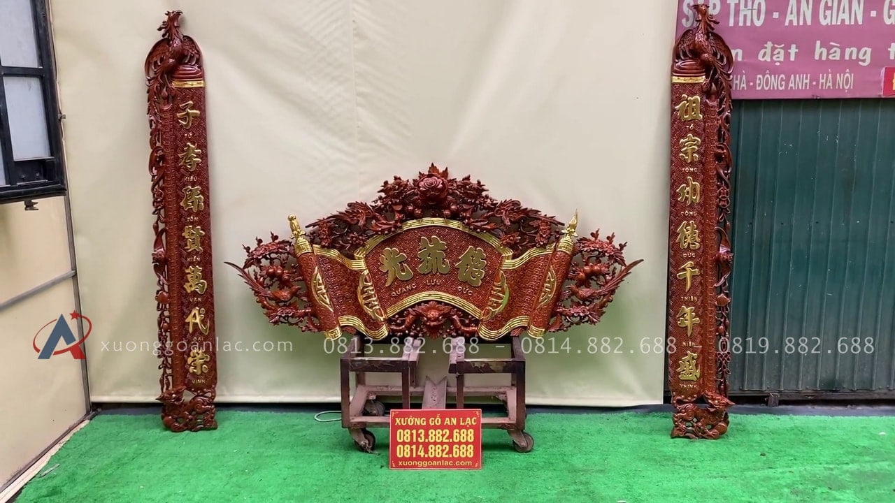 Bộ cuốn thư câu đối gỗ gụ lào cao cấp 14 bộ cuốn thư câu đối gỗ gụ Lào đục tay cao cấp