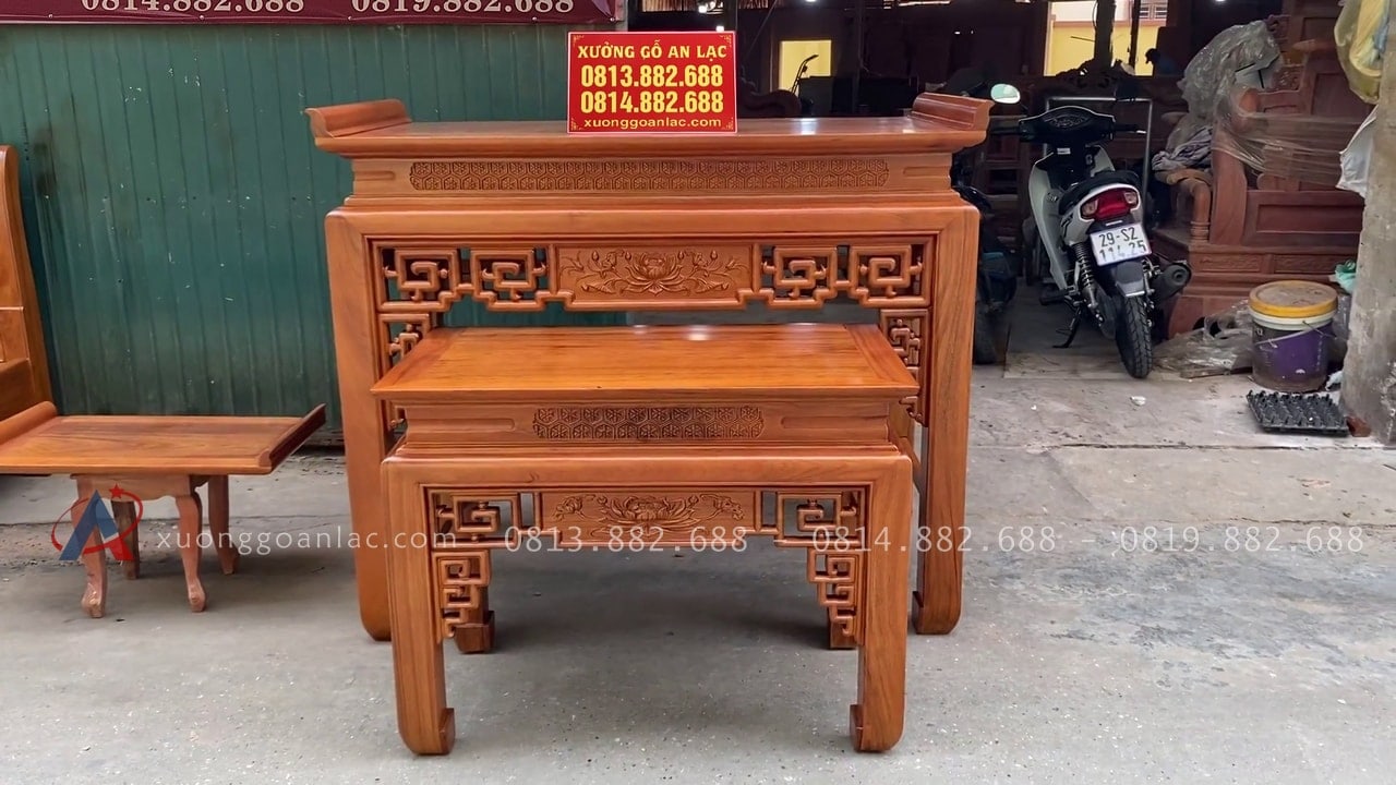 Combo án gian thờ gỗ gụ Lào + giường ngủ mẫu chữ X gỗ gõ đỏ 27 nội thất phòng thờ gỗ gụ Lào