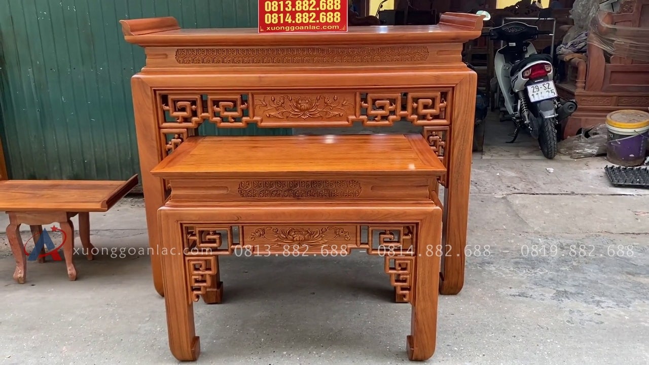 Combo án gian thờ gỗ gụ Lào + giường ngủ mẫu chữ X gỗ gõ đỏ 28 bộ đôi án gian thờ và bàn cơm triện sen