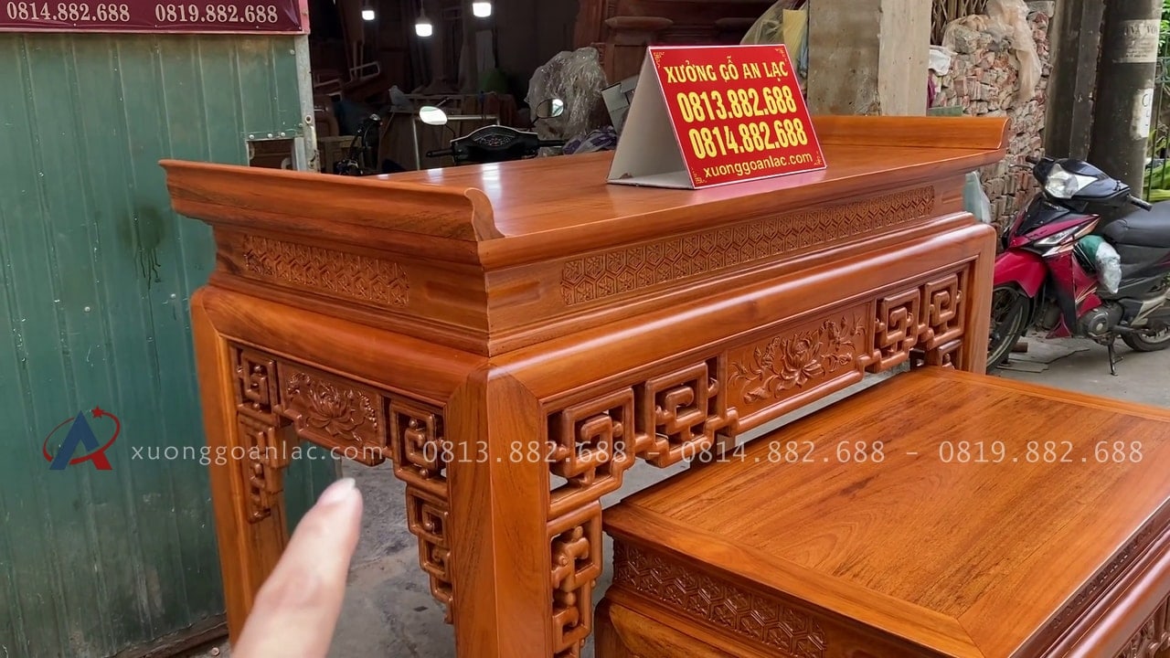 Combo án gian thờ gỗ gụ Lào + giường ngủ mẫu chữ X gỗ gõ đỏ 30 hồi án gian đục sen