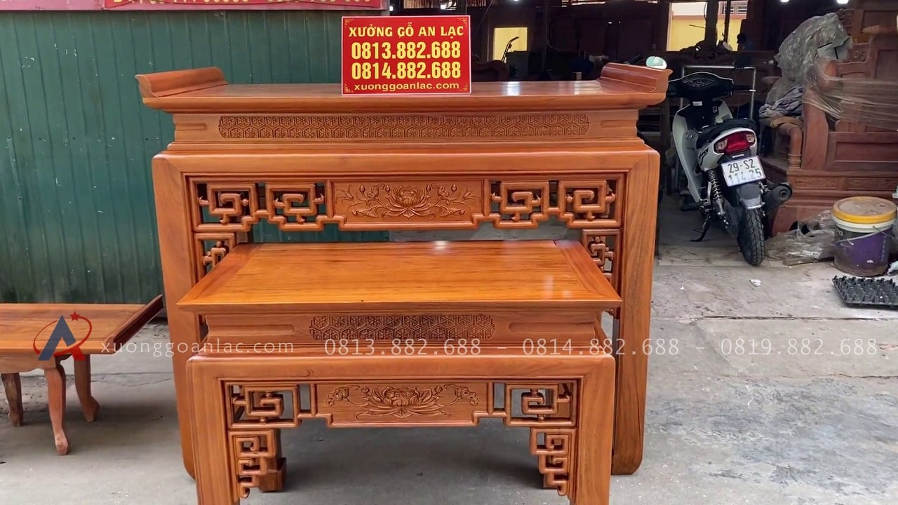 Combo án gian thờ gỗ gụ Lào + giường ngủ mẫu chữ X gỗ gõ đỏ 31 mẫu bàn con gỗ gụ Lào