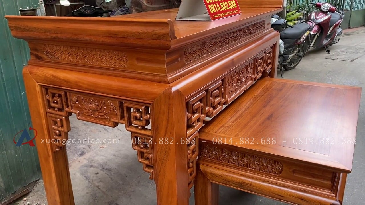 Combo án gian thờ gỗ gụ Lào + giường ngủ mẫu chữ X gỗ gõ đỏ 32 mặt bàn cơm thiết kế khung tranh