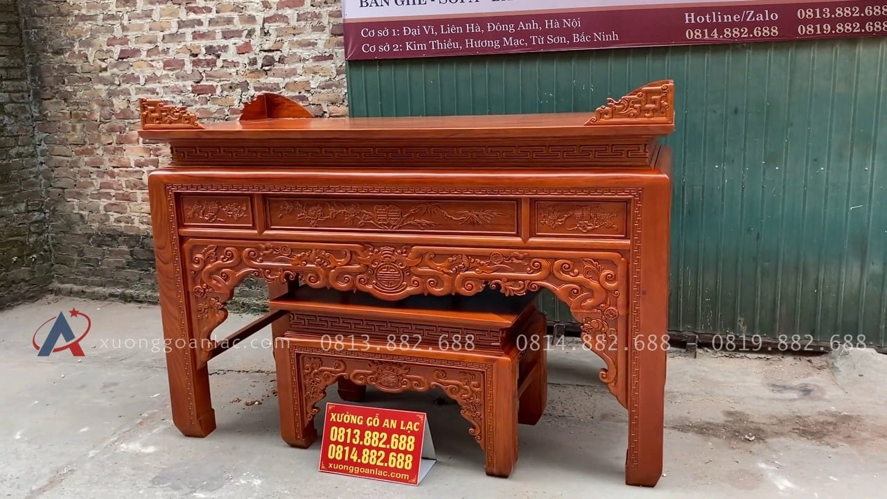Combo án gian thờ và kệ tivi gỗ gõ đỏ cao cấp (Củ Chi - HCM) 32 mẫu án gian và bàn cơm đục tỉa họa tiết tinh xảo