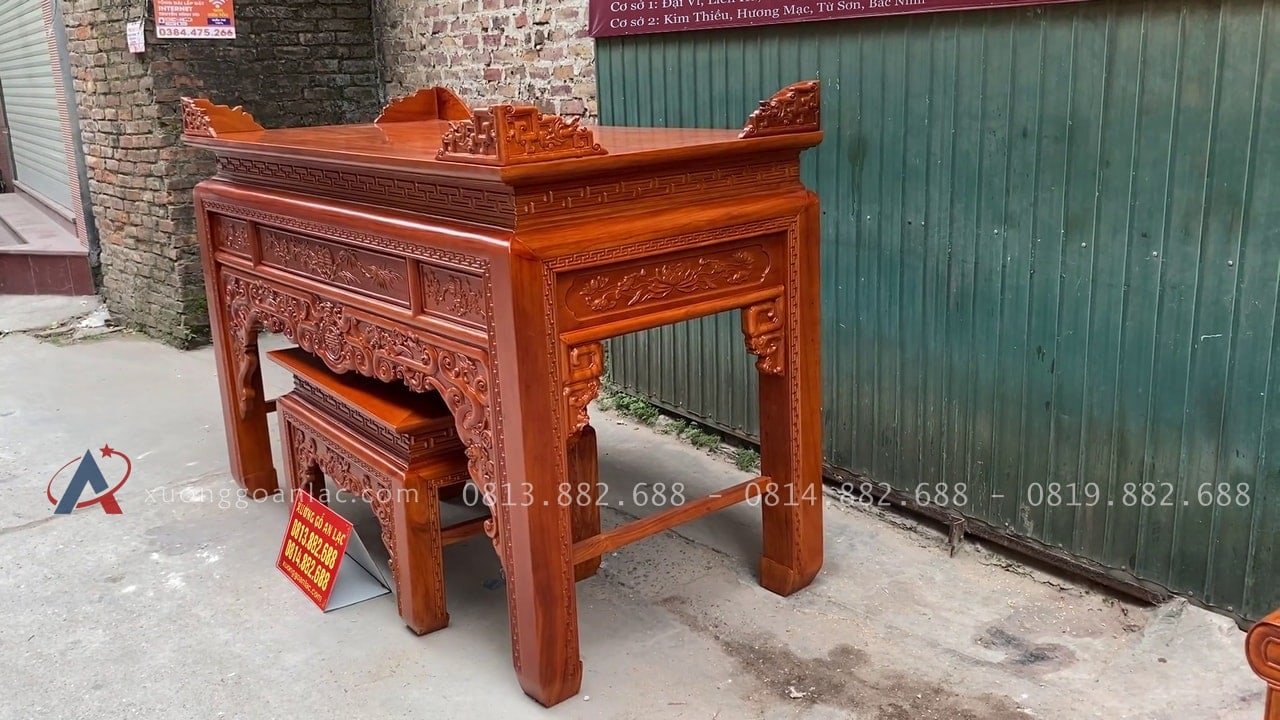 Combo án gian thờ và kệ tivi gỗ gõ đỏ cao cấp (Củ Chi - HCM) 34 mẫu án gian đục họa tiết tinh xảo 3 mặt