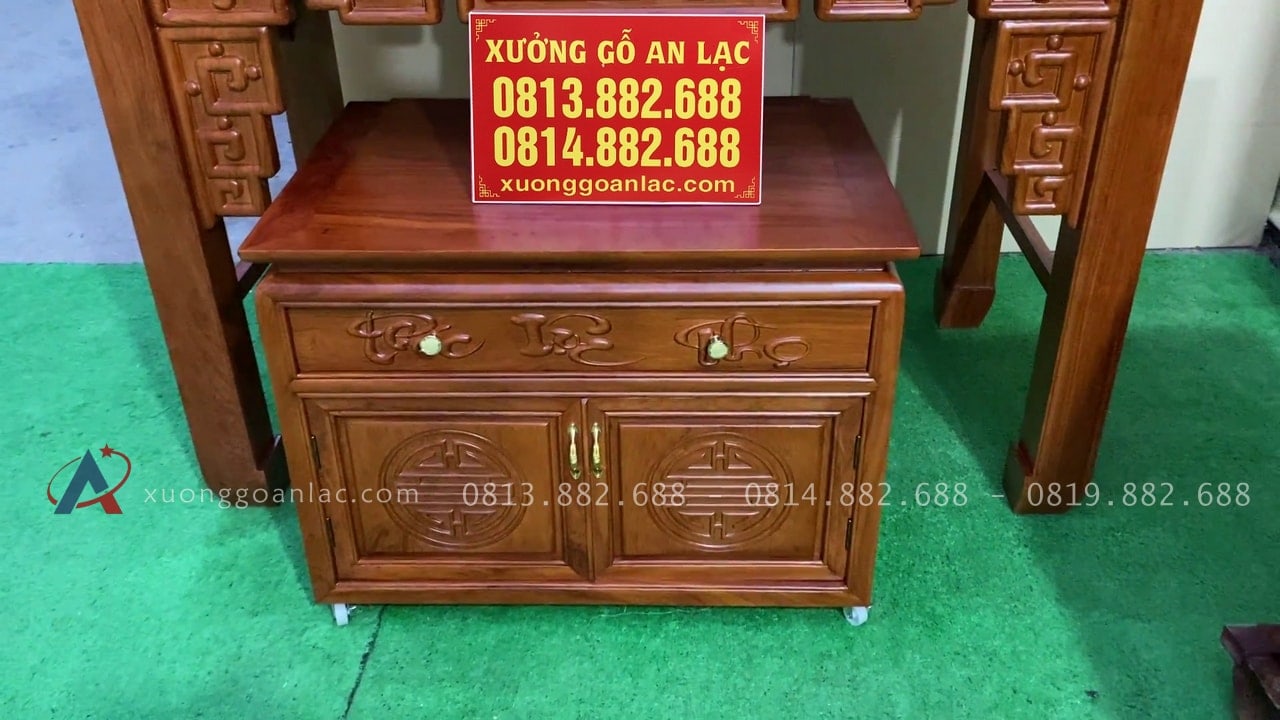 Combo án gian thờ + kệ tivi gỗ hương đá (Vinhomes Oceanpark) 30 thân bàn có ngăn kéo và ngăn tủ