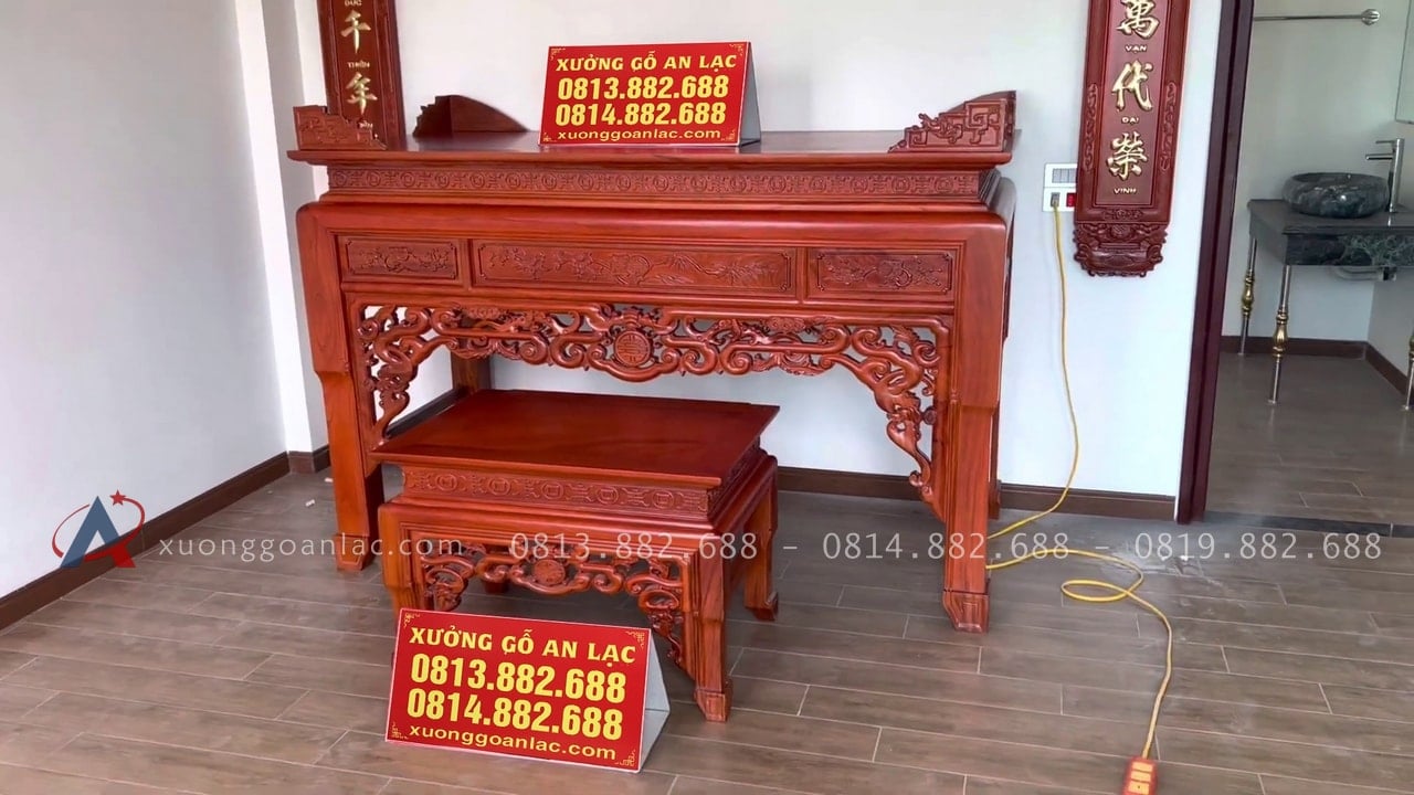 Combo phòng thờ gồm án gian + hoành phi câu đối gỗ gõ đỏ 12 combo phòng thờ gồm án gian và hoành phi câu đối gỗ gõ đỏ