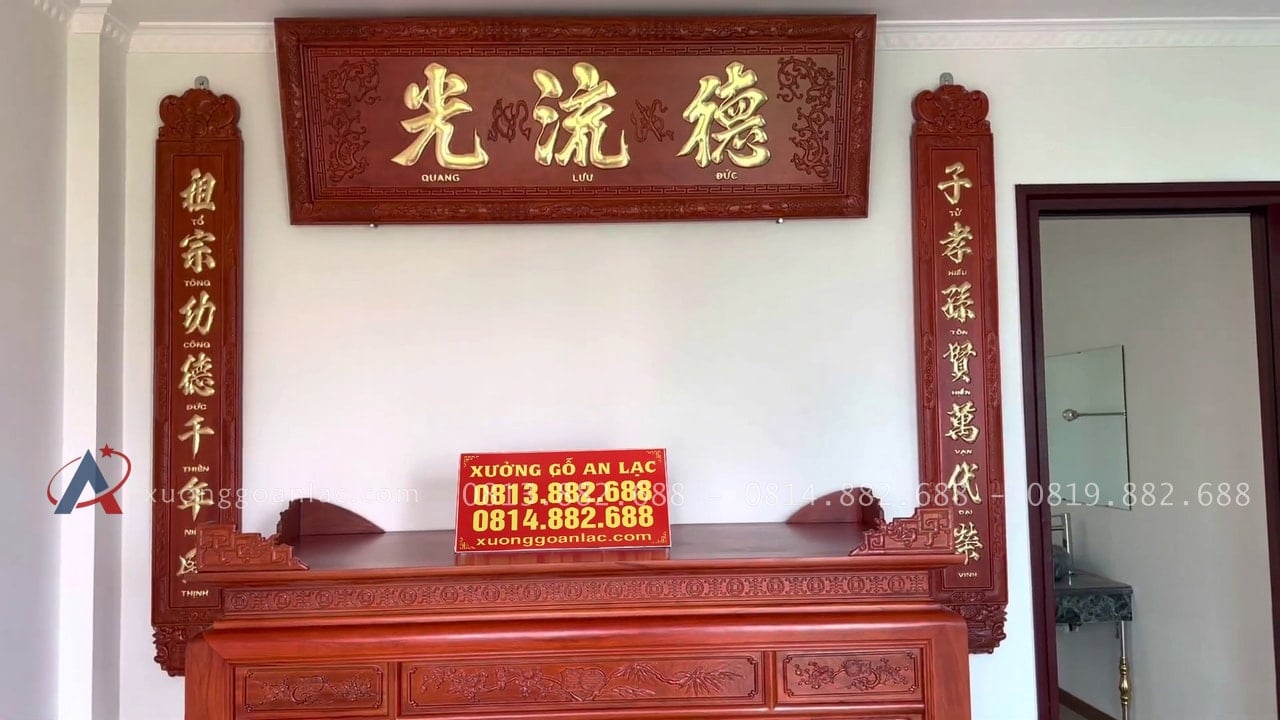 Combo phòng thờ gồm án gian + hoành phi câu đối gỗ gõ đỏ 13 bộ hoành phi câu đối gỗ gõ đỏ
