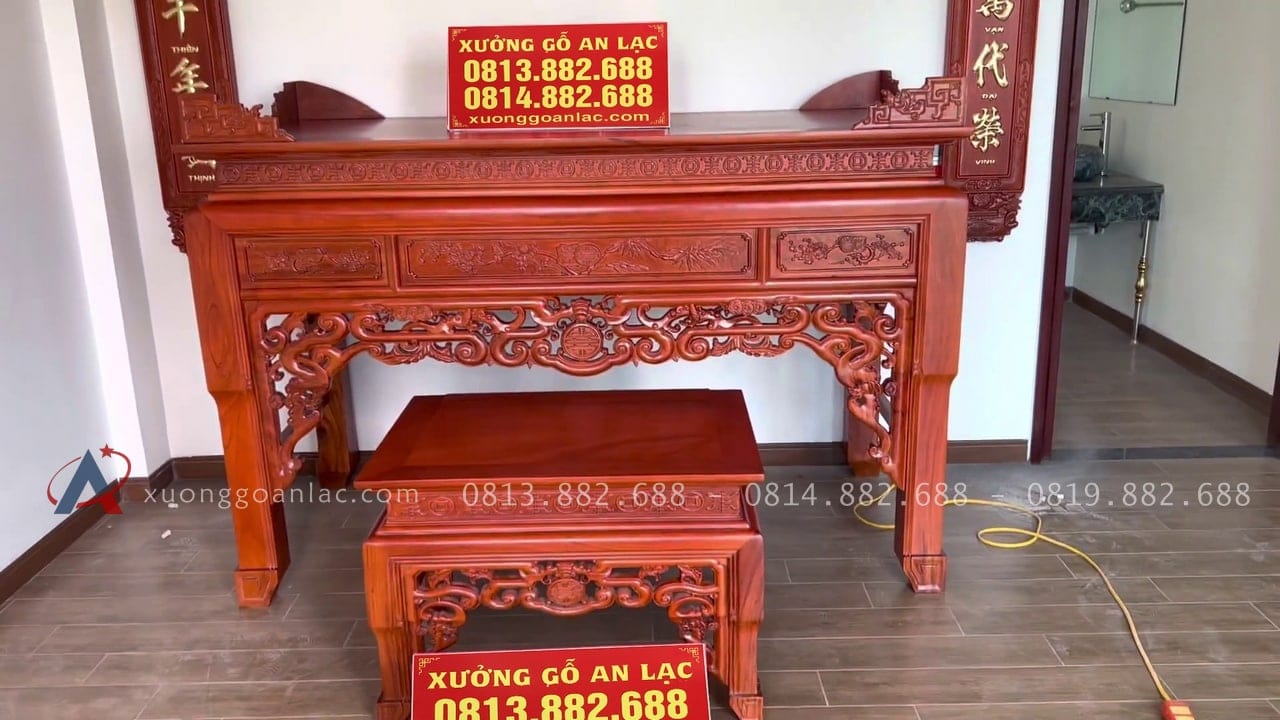Combo phòng thờ gồm án gian + hoành phi câu đối gỗ gõ đỏ 14 combo án gian kèm bàn cơm