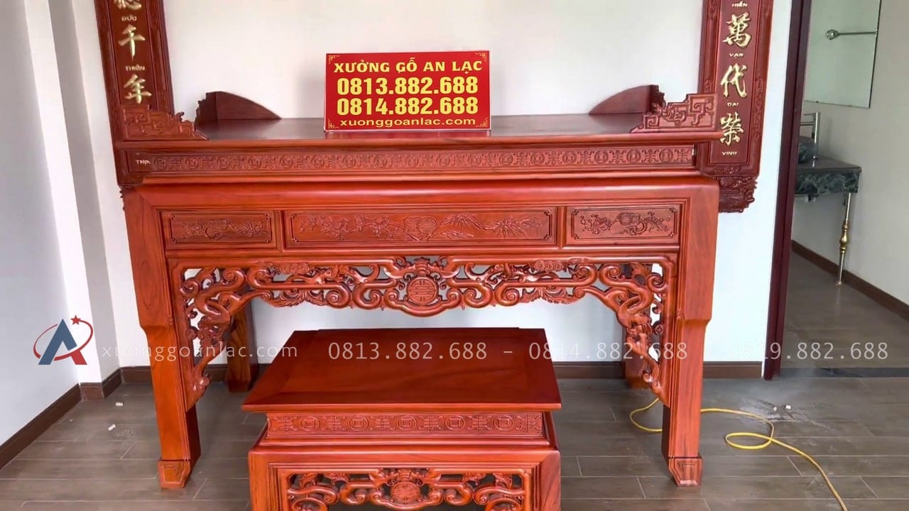 Combo phòng thờ gồm án gian + hoành phi câu đối gỗ gõ đỏ 4 Mẫu án gian thờ như ý gỗ gõ đỏ