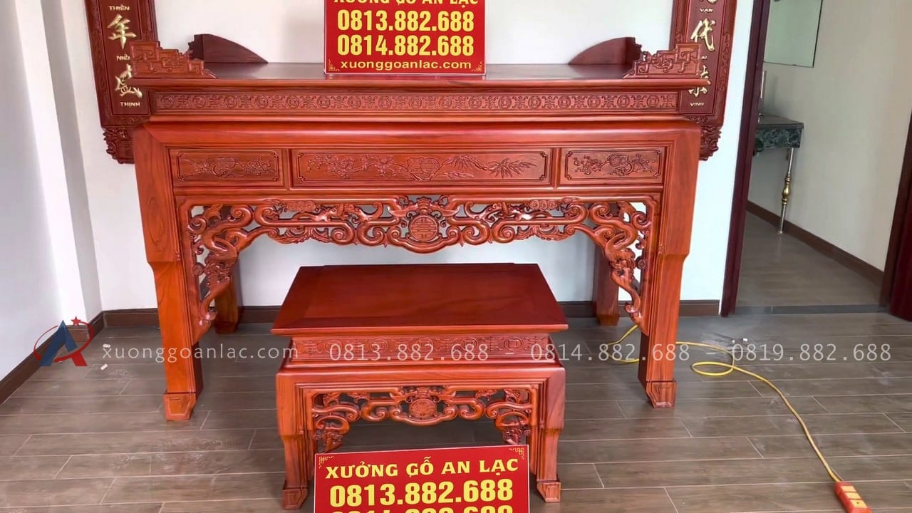 Combo phòng thờ gồm án gian + hoành phi câu đối gỗ gõ đỏ 16 mẫu án gian và bàn cơm cao cấp