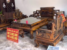 combo bàn ghế sơn thủy, kệ tivi và đồng hồ gỗ mun hoa