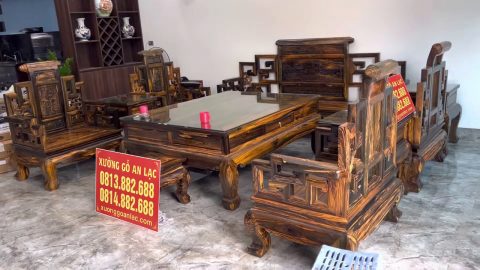 combo bàn ghế sơn thủy, kệ tivi và đồng hồ gỗ mun hoa