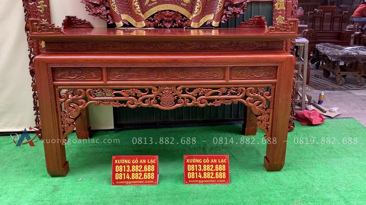 Combo bộ cuốn thư câu đối và án gian thờ Tân Thi, Hưng Yên. 2 mẫu án gian thờ gỗ hương đá