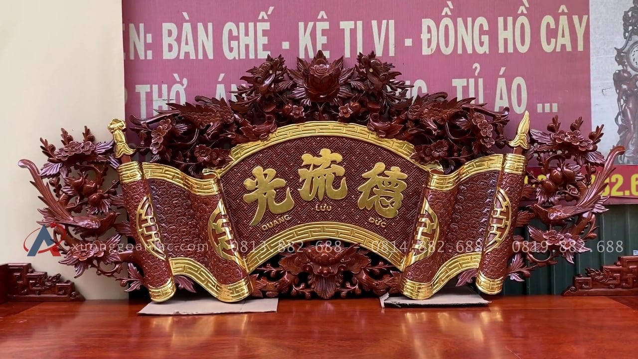 Combo bộ cuốn thư câu đối và án gian thờ Tân Thi, Hưng Yên. 26 mẫu hoành phi mai hóa rồng