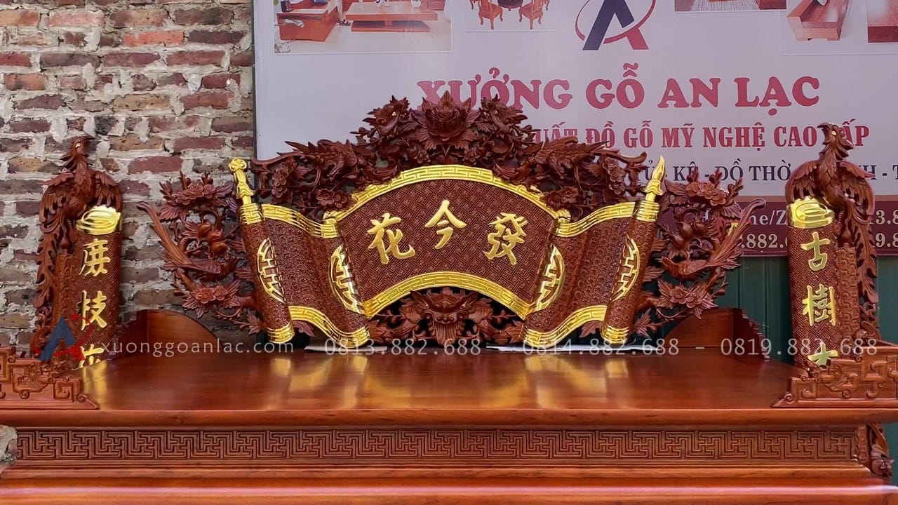 Combo đồ thờ gỗ gụ Lào xịn 18 mẫu cuốn thư đục chữ nho