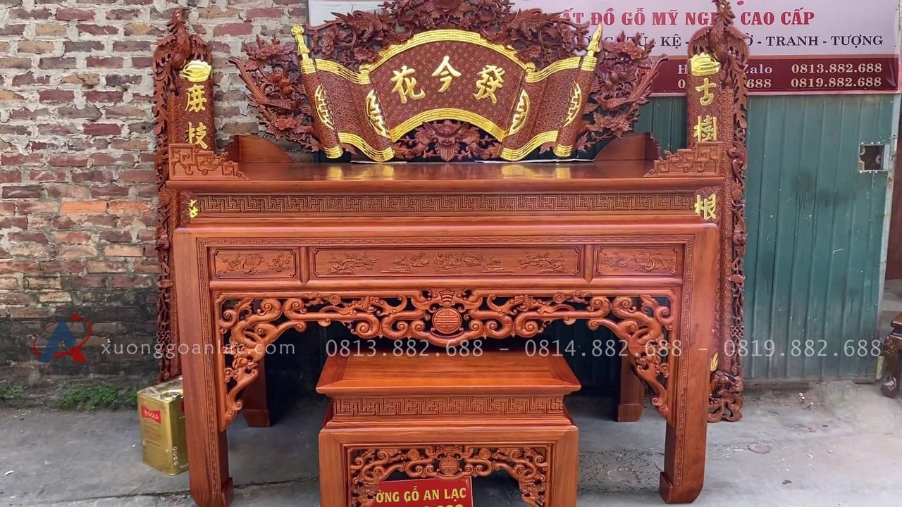 Combo đồ thờ gỗ gụ Lào xịn 19 câu đối phượng hóa gỗ gụ