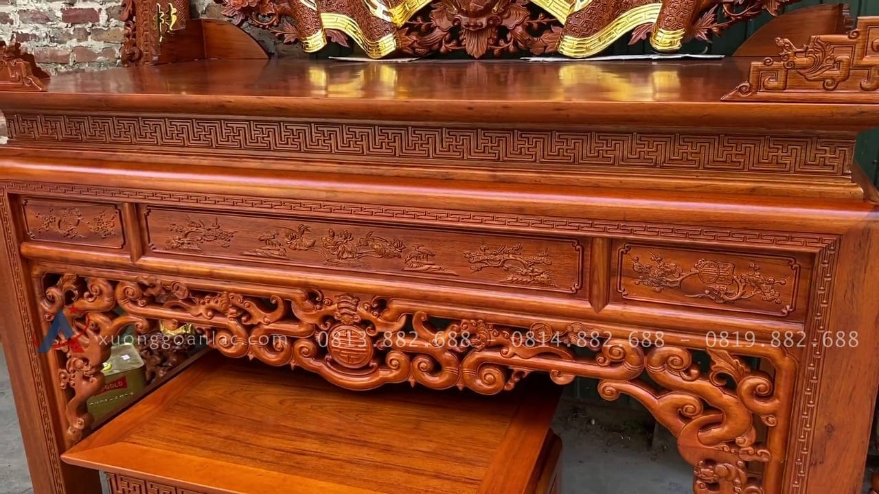 Combo đồ thờ gỗ gụ Lào xịn 21 án gian mặt ván liền 1 lá