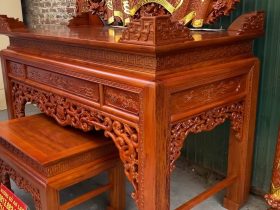 Combo đồ thờ gỗ gụ Lào xịn 15 dạ hồi chạm hoa sen