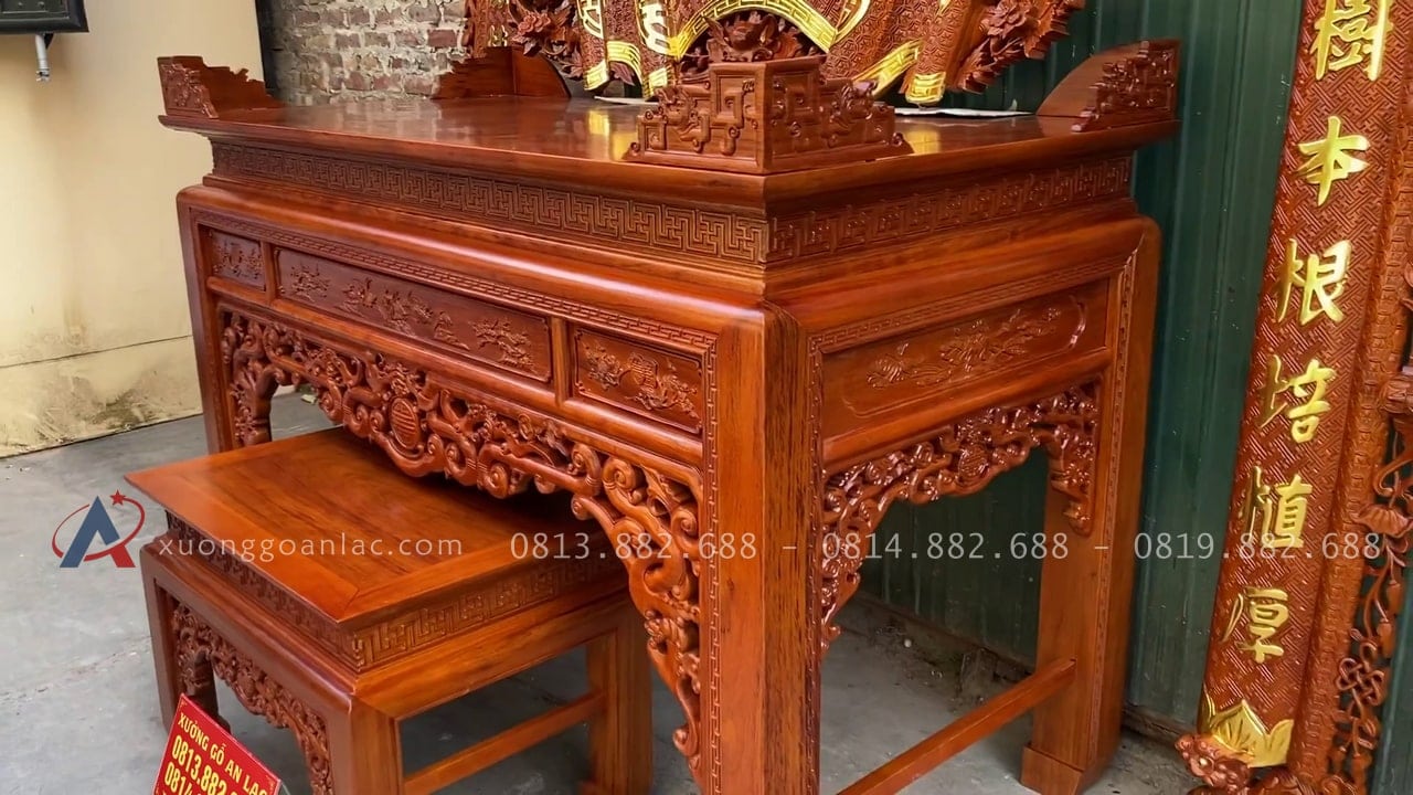 Combo đồ thờ gỗ gụ Lào xịn 22 dạ hồi chạm hoa sen
