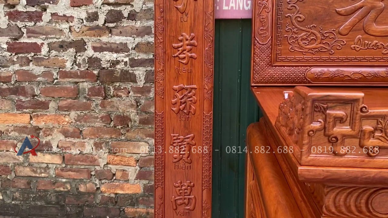 Combo đồ thờ gỗ hương cao cấp giao Sóc Sơn 25 câu đối đục chữ nho nảy nền nổi bật