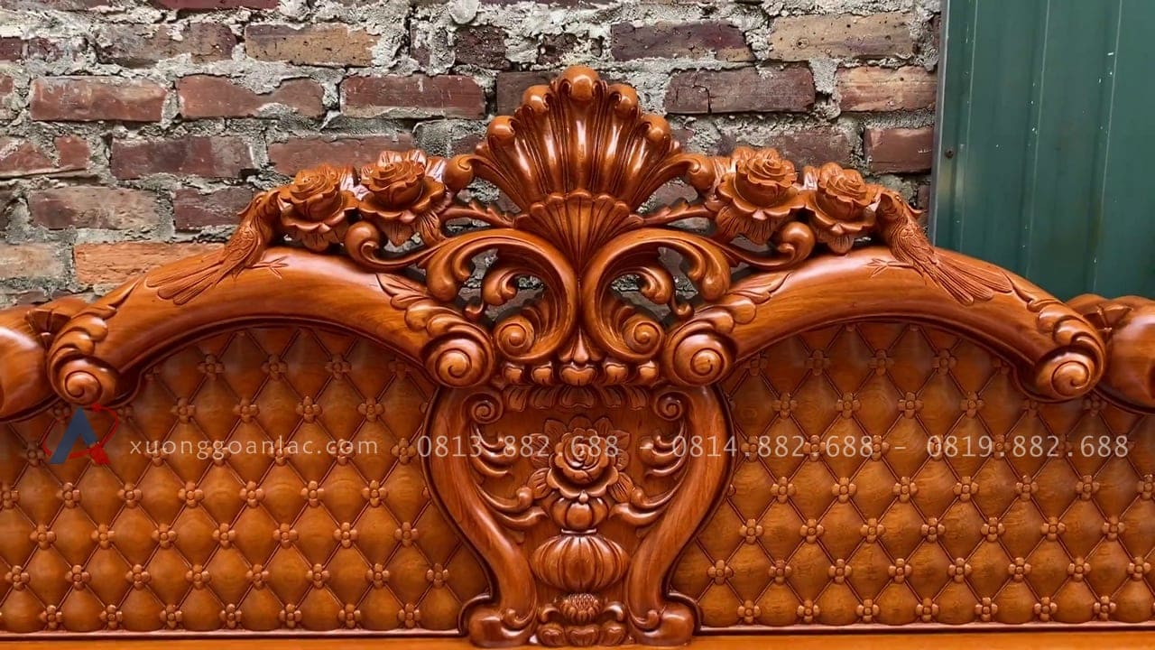 Combo giường ngủ chim trĩ + bàn phấn mẫu hoa hồng chất liệu gỗ gõ đỏ 27 chương giường đục hoa hồng lá tây