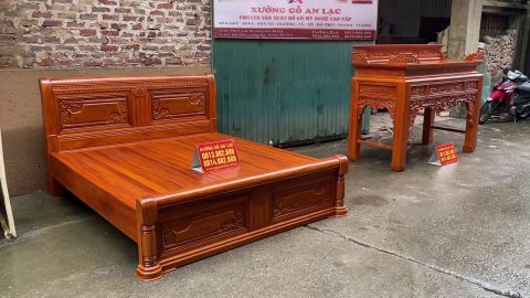 combo giường ngủ gỗ gõ và án gian gỗ hương đá