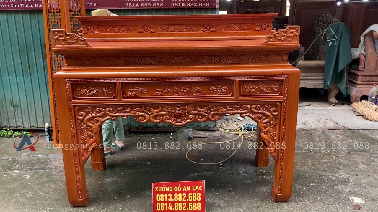 Combo giường ngủ mẫu chữ X gỗ gõ đỏ và án gian thờ mẫu như ý gỗ hương đá 34 án gian nhị cấp mẫu như ý