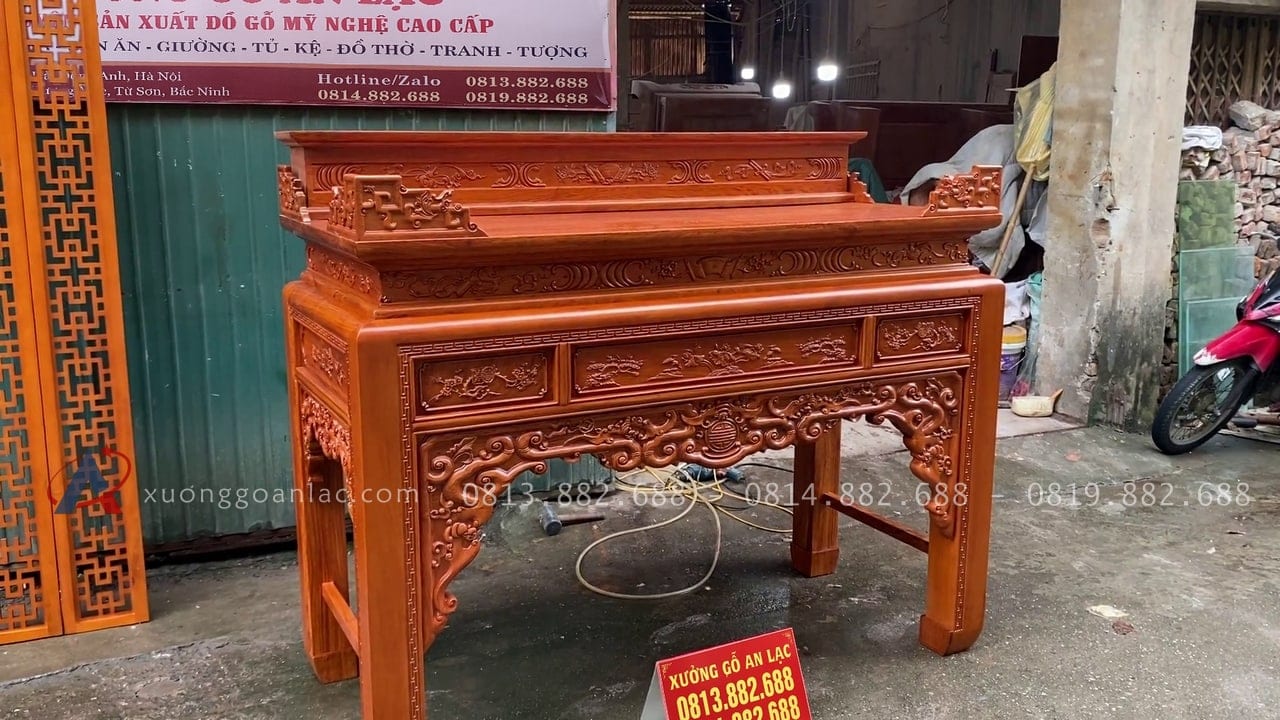 Combo giường ngủ mẫu chữ X gỗ gõ đỏ và án gian thờ mẫu như ý gỗ hương đá 35 án gian gỗ hương đá cao cấp