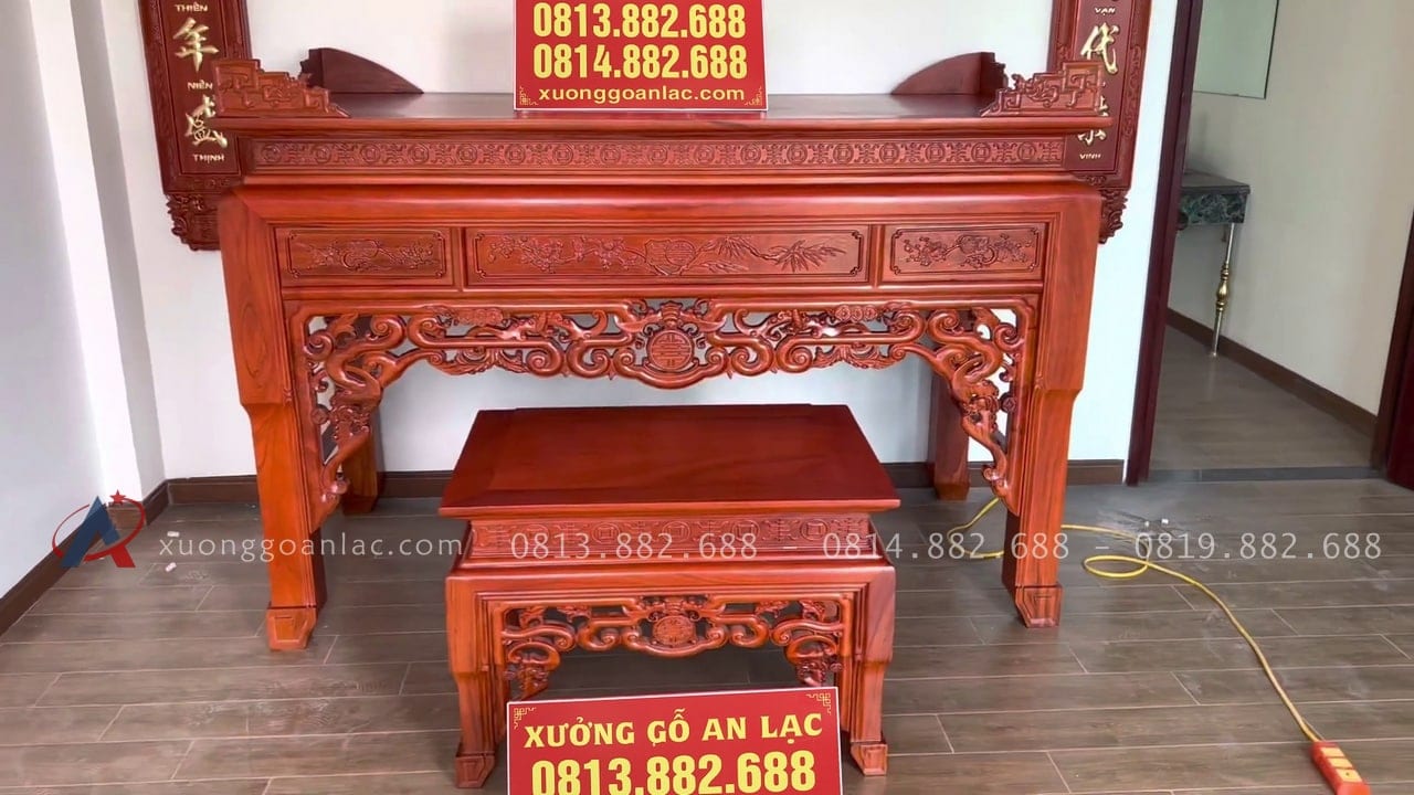 Combo nội thất phòng thờ án gian, bàn cơm, bộ hoành phi câu đối gỗ gõ đỏ cao cấp 2 Bộ đôi án gian thờ và bàn cơm gỗ gõ