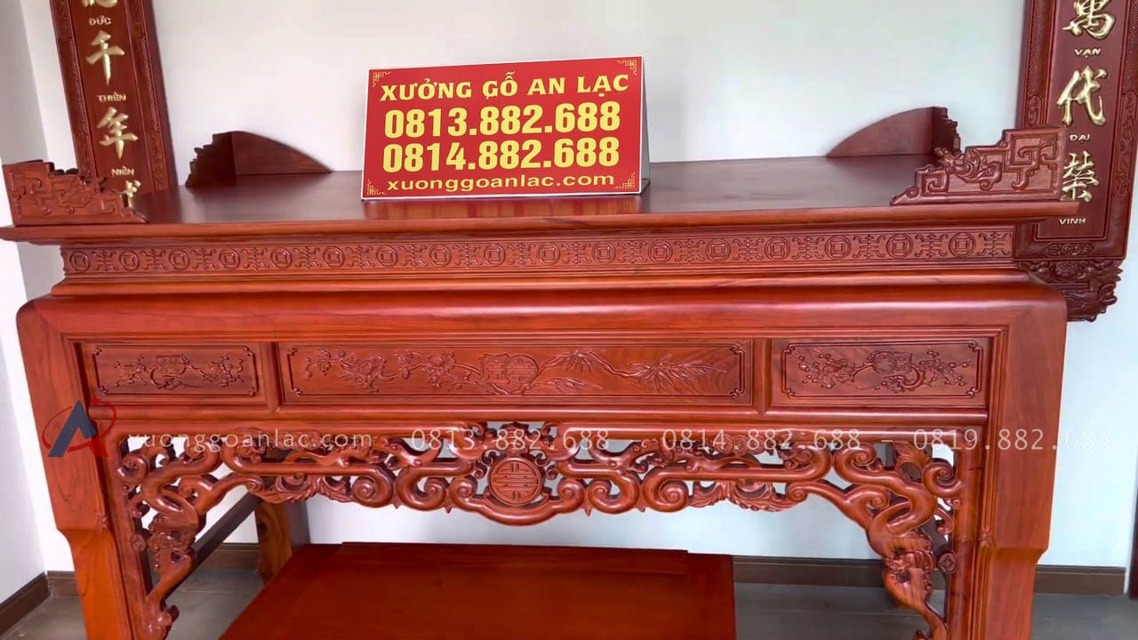 Combo nội thất phòng thờ án gian, bàn cơm, bộ hoành phi câu đối gỗ gõ đỏ cao cấp 11 Mẫu án gian dơi ngủ phúc