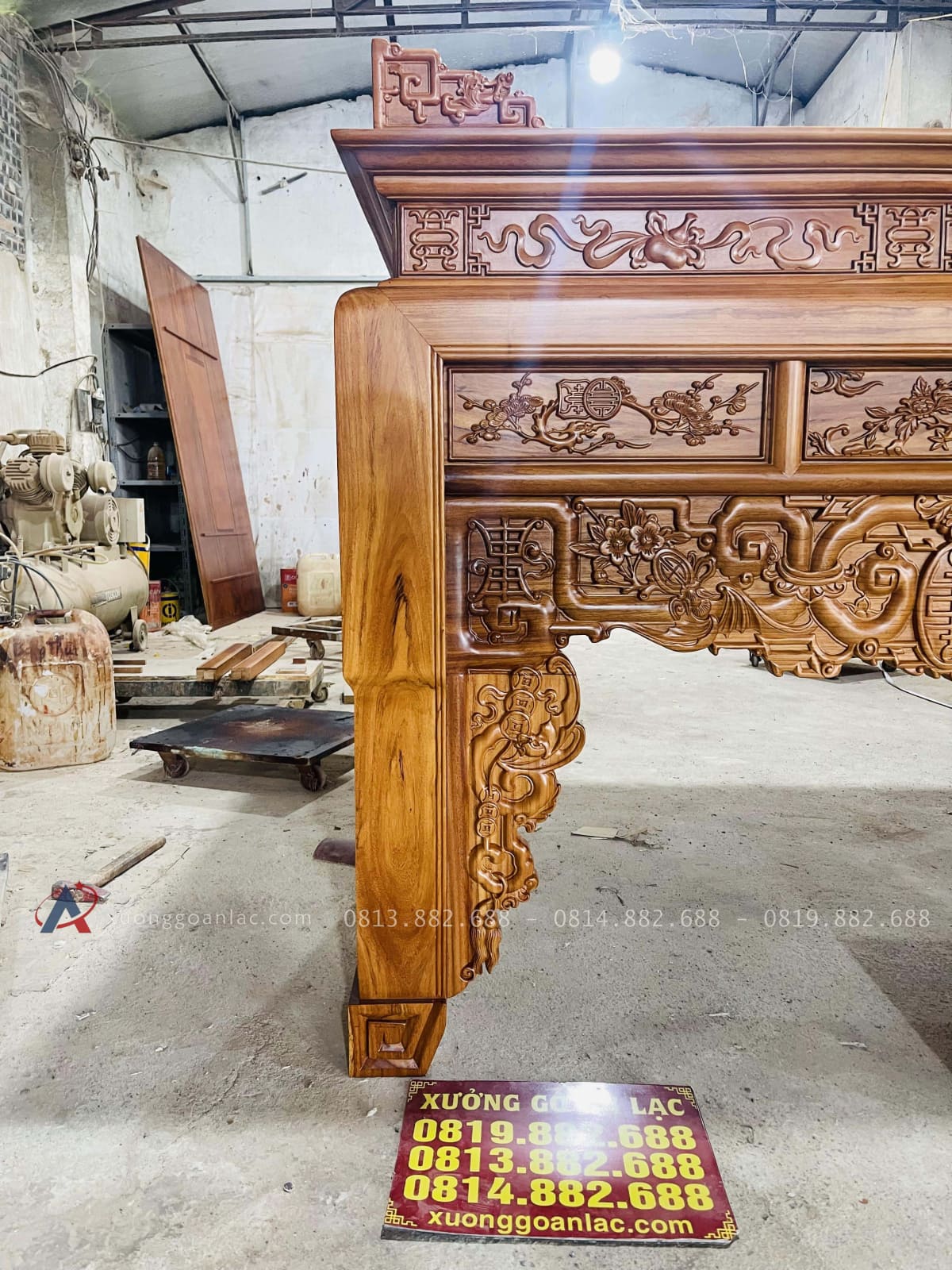 Án thờ Dơi Ngũ Phúc 2m17 gỗ gõ đỏ chân 14 chú Liêm - Bình Dương 32 chân án gian bản vuống 14p