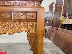 Án thờ Dơi Ngũ Phúc 2m17 gỗ gõ đỏ chân 14 chú Liêm - Bình Dương 23 yếm án gian đục tỉa trải dài theo chân