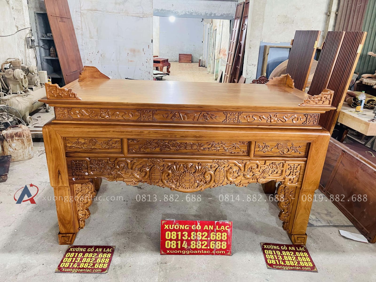 Án thờ Dơi Ngũ Phúc 2m17 gỗ gõ đỏ chân 14 chú Liêm - Bình Dương 3 mẫu án gian gỗ gõ đỏ