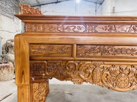 Án thờ Dơi Ngũ Phúc 2m17 gỗ gõ đỏ chân 14 chú Liêm - Bình Dương 17 mặt tiền đục họa tiết nổi bật