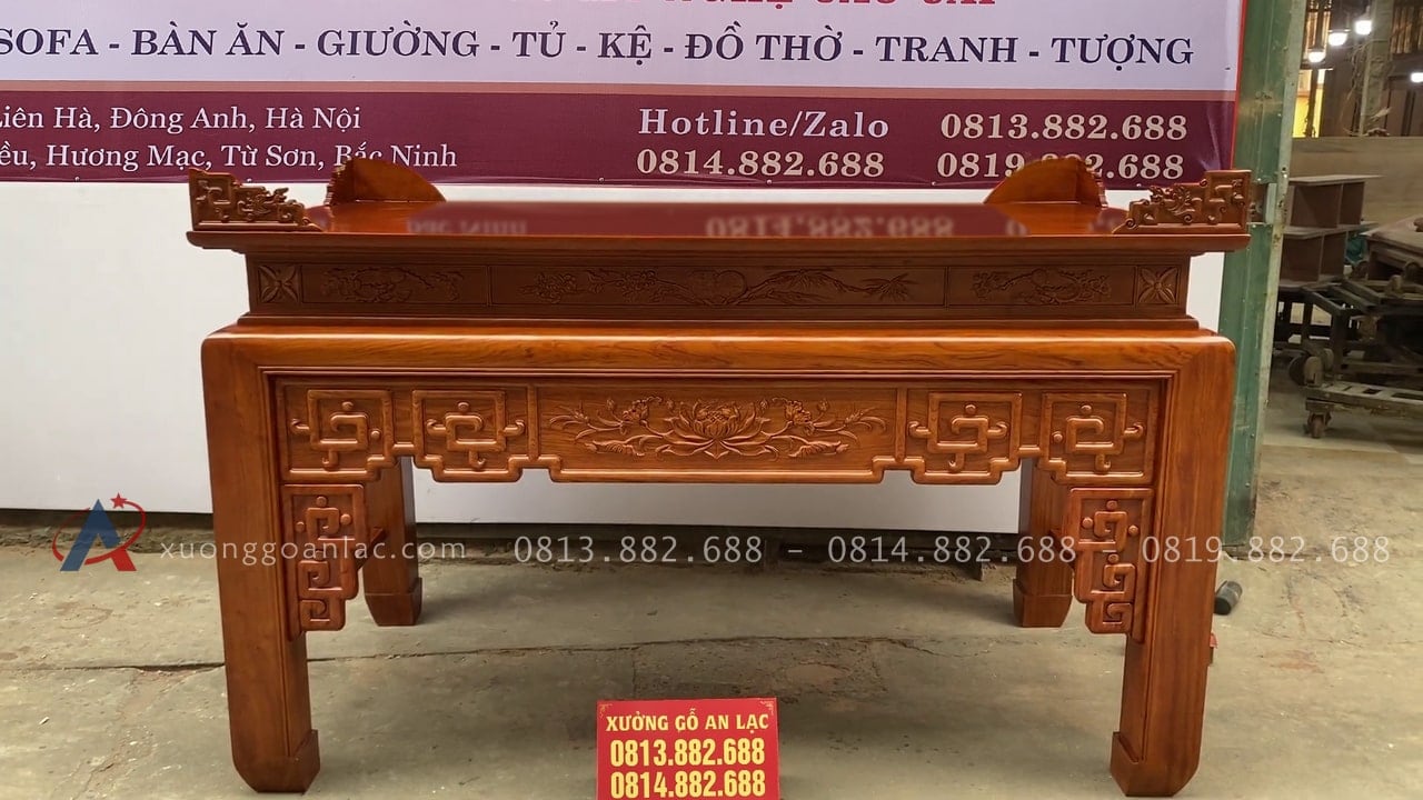 Mẫu án gian thờ đục triện sen 2m17 gỗ hương đá chân 14 giao TP Bắc Ninh 10 mẫu án gian thờ gỗ hương đá cao cấp