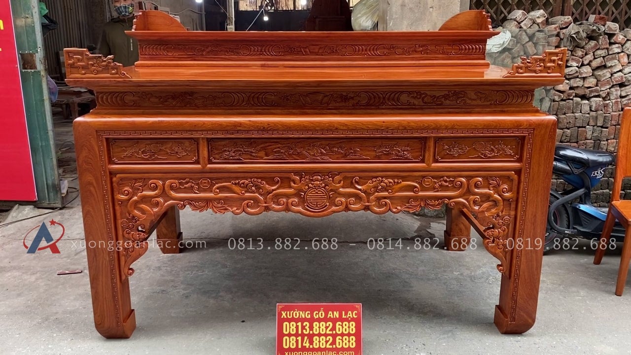 Án gian thờ nhị cấp hàng đặt 2m17 gỗ Hương Đá chân 14 giao Thái Nguyên 18 Mẫu án gian thờ nhị cấp