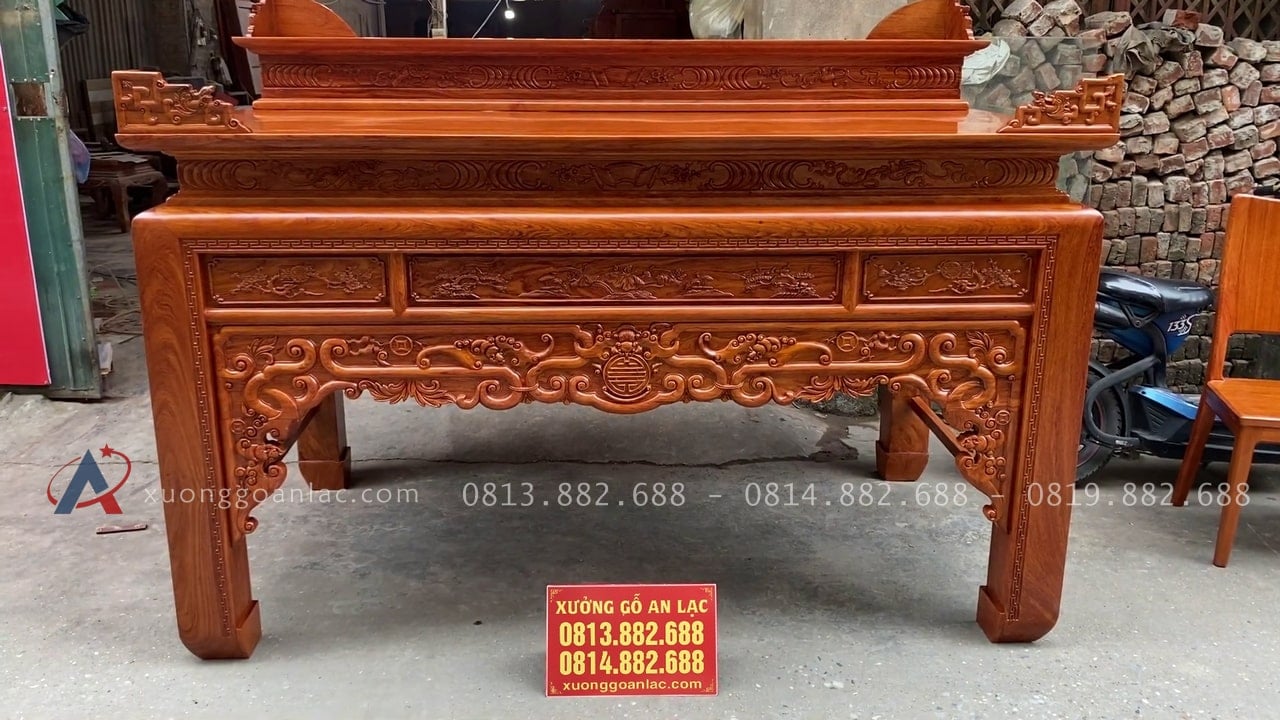 Án gian thờ nhị cấp hàng đặt 2m17 gỗ Hương Đá chân 14 giao Thái Nguyên 20 mặt tiền của mẫu án gian như ý nhị cấp