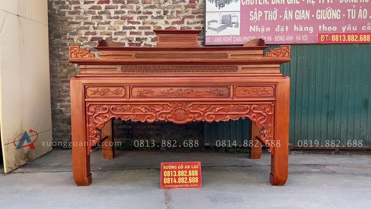 Án gian thờ Tam Cấp 2m17 gỗ gụ lào (Cổ Loa - Đông Anh) 12 án gian thờ tam cấp gỗ gụ Lào
