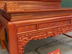 Án gian thờ Tam Cấp 2m17 gỗ gụ lào (Cổ Loa - Đông Anh) 9 mặt tiền án gian đục hoa tiết tinh xảo