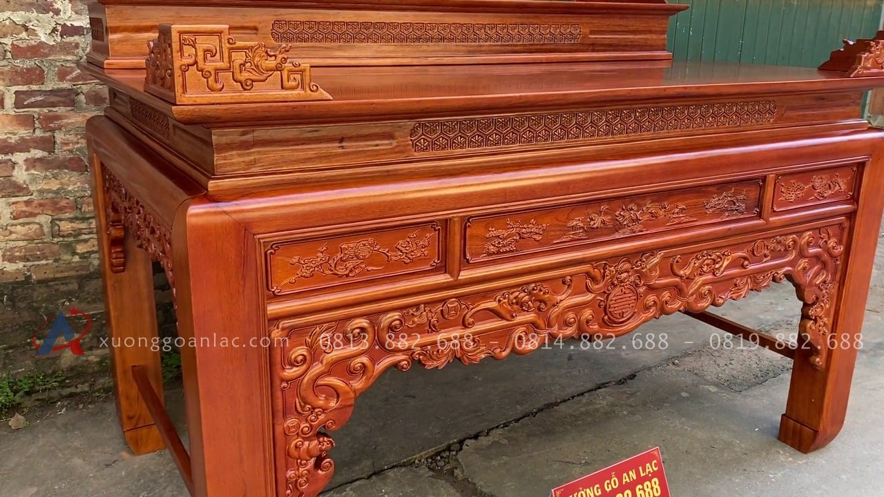 Án gian thờ Tam Cấp 2m17 gỗ gụ lào (Cổ Loa - Đông Anh) 13 mặt tiền án gian đục hoa tiết tinh xảo