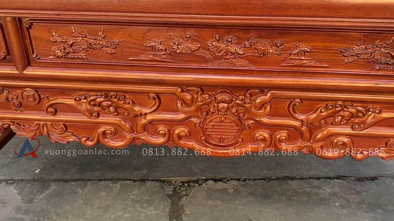 Án gian thờ Tam Cấp 2m17 gỗ gụ lào (Cổ Loa - Đông Anh) 14 trung tâm yếm dạ đục dơi chữ thọ