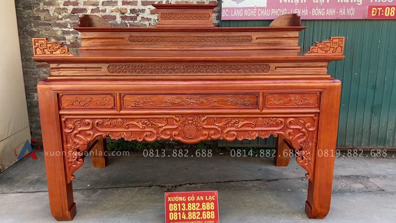 Án gian thờ Tam Cấp 2m17 gỗ gụ lào (Cổ Loa - Đông Anh) 15 mẫu án gian gỗ gụ