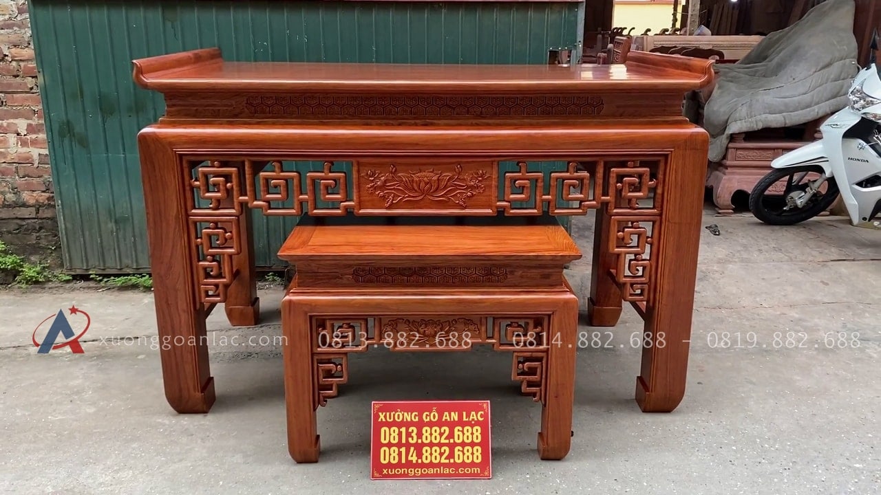 Mẫu án gian thờ Triện Sen 1m97 (Long Biên - Hà Nội) 26 bộ đôi án gian và bàn cơm gỗ hương đá