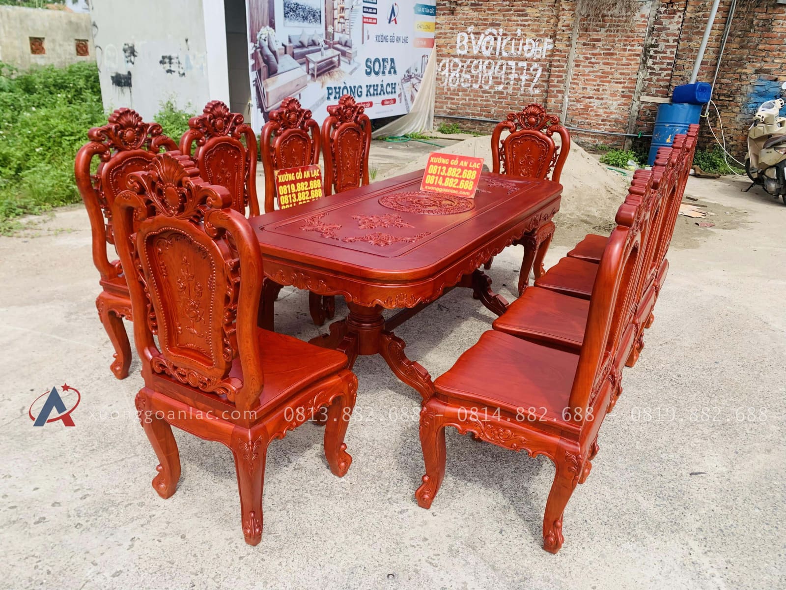 Bộ bàn ăn chữ nhật bo góc 10 ghế hồng hạt gỗ hương đá (Chú Thế, Cần Thơ) 26 mẫu bàn ăn chữ nhật vuông góc 10 ghế hồng hạt gỗ hương đá