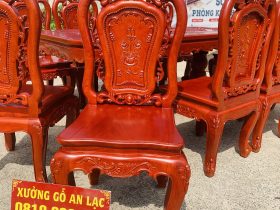 Bộ bàn ăn chữ nhật bo góc 10 ghế hồng hạt gỗ hương đá (Chú Thế, Cần Thơ) 23 mẫu ghế lưng cao không tay
