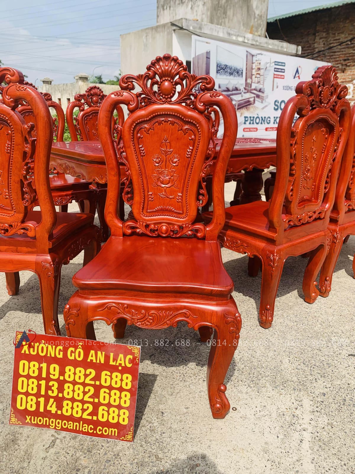 Bộ bàn ăn chữ nhật bo góc 10 ghế hồng hạt gỗ hương đá (Chú Thế, Cần Thơ) 36 mẫu ghế lưng cao không tay