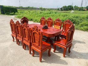 Bộ bàn ăn chữ nhật bo góc 10 ghế hồng hạt gỗ hương đá (Chú Thế, Cần Thơ) 14 bộ bàn ăn 10 ghế