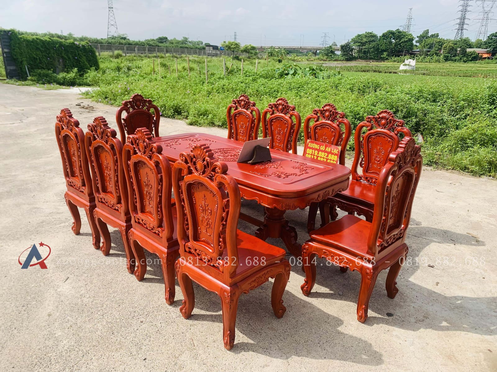 Bộ bàn ăn chữ nhật bo góc 10 ghế hồng hạt gỗ hương đá (Chú Thế, Cần Thơ) 27 bộ bàn ăn 10 ghế