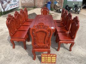 Bộ bàn ăn chữ nhật bo góc 10 ghế hồng hạt gỗ hương đá (Chú Thế, Cần Thơ) 15 bộ bàn ăn gỗ hương đá