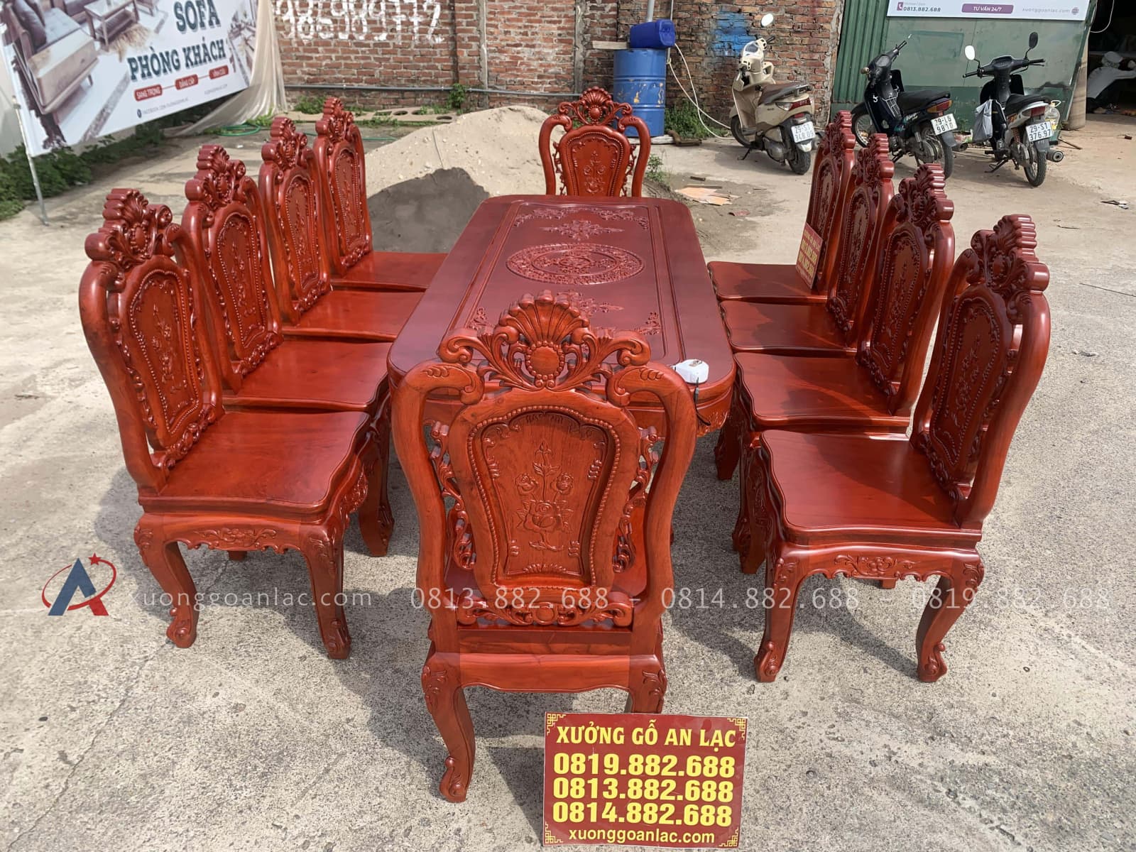 Bộ bàn ăn chữ nhật bo góc 10 ghế hồng hạt gỗ hương đá (Chú Thế, Cần Thơ) 28 bộ bàn ăn gỗ hương đá